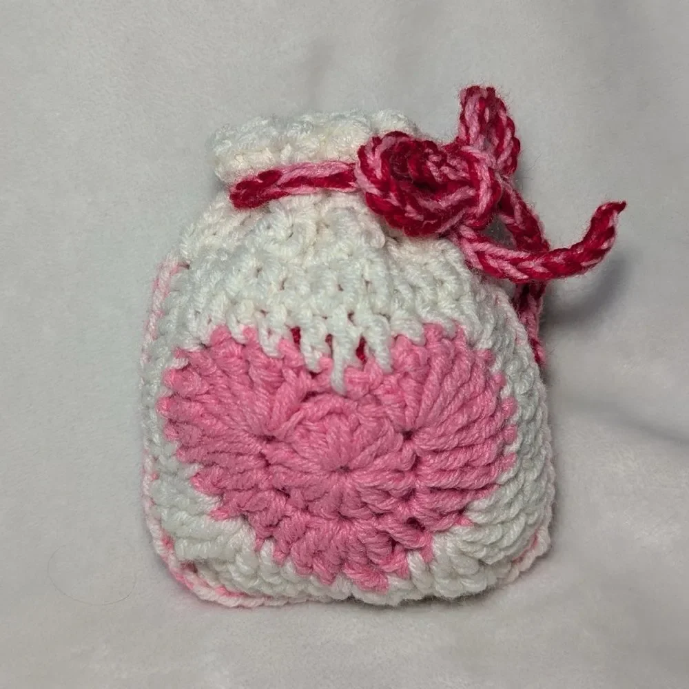 Handmade Crochet Heart Strawberry White Pink Red Green String Pouch Wristlet Bag